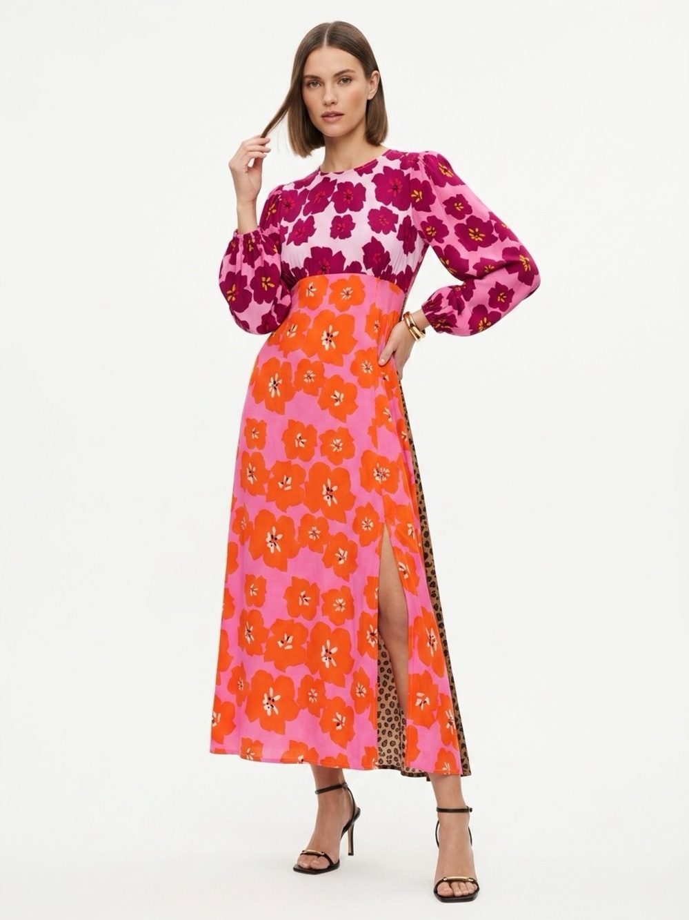 Never Fully Dressed Mixed Print Floral Leopard Balloon Sleeve Maxi Pink Size 10